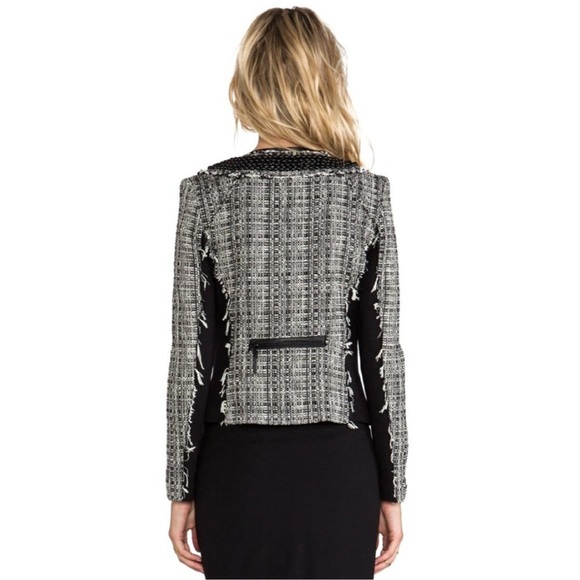 MILLY Studded Leather Trim Tweed Jacket 8 Black White - Picture 8 of 10